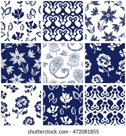 Set of porcelain seamless patterns with roses and wildflowers. Chinese, Indian, French and Italian motifs. Floral ornaments, paisleys, ikat prints. Retro collection. Blue, white