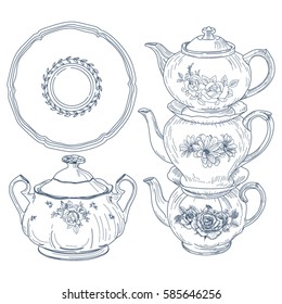 A set of porcelain tableware for tea in vintage style. Hand drawn sketch. Vector illustration isolated on white background.