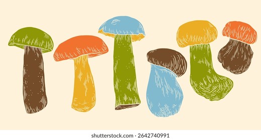 Set of Porcini Mushrooms. Vector hand drawn autumn print collection, forest design. Natural food silhouette, vintage mushroom pickers symbol. Travel stamp retro graphic.