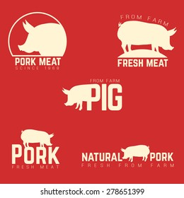 Set of pork emblems, logotypes and labels isolated white on red background. Vector illustration