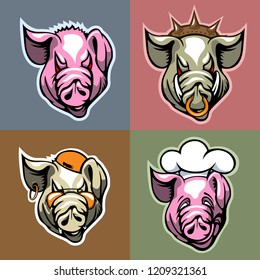 Set of Pork heads in different facial expression. Cartoon style.