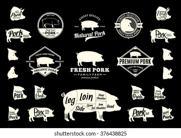 Set Of Pork Logo. Pork Cuts Diagram