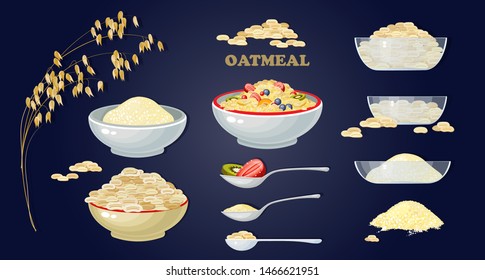Set of Porridge in the bowl and  fruits and berries. Oat Porridge breakfast. A bowl of cereal and spoon on blue background. Branches of oats and grain. Oatmeal. Vector illustration of healthy food.  