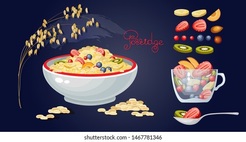 Set Of Porridge In The Bowl And  Fruits And Berries. Oat Porridge Breakfast. A Bowl Of Cereal And Spoon On Blue Background. Branches Of Oats And Grain. Oatmeal. Vector Illustration Of Healthy Food.  