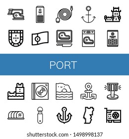 Set Of Port Icons Such As Steak, Portugal, Sticks, Data Cable, Anchor, Belem Tower, Tenderloin, Dvd, Usb, Algarve, Bollard, Video Card , Port