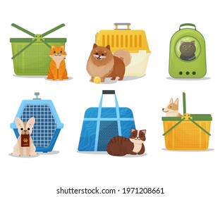 A set of portable baskets, cages and backpacks for pets. Carriers for dogs and cats cartoon style. Plastic pet carriers. Vector illustration isolated on white background.