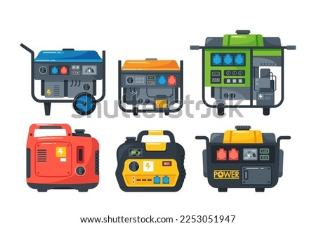 Set of Portable Diesel Power Generators. Energy Generating Backup Equipment And Electricity Voltage Source Alternator Machines Collection. Isolated On White Background Cartoon Vector Illustration