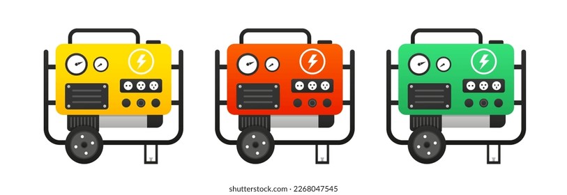 Set Portable electric power generator. Electric charger diesel portable flat generator icon. Electrical energy, from a gener. Emergency equipment. Vector illustration