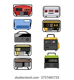 Set of portable electricity generators showcasing various models and colors, representing a range of power supply tools for construction, home backup, and outdoor applications