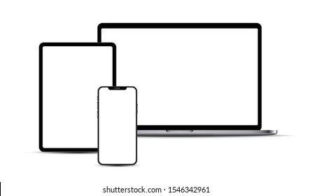 Set of portable electronic devices: smartphone, tablet, laptop, with blank checkered transparent screens.  Vector illustration.