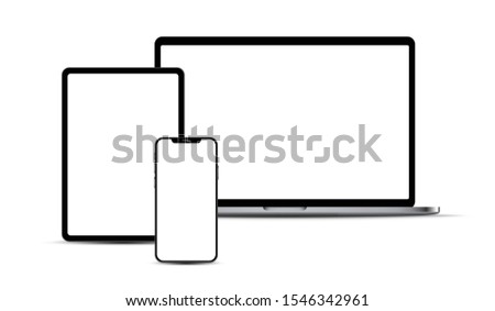 Set of portable electronic devices: smartphone, tablet, laptop, with blank checkered transparent screens.  Vector illustration.