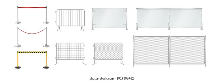 Set of portable fences: glass and metal barriers, belt and rope control isolated for protection and event entrance. 3d realistic vector illustration