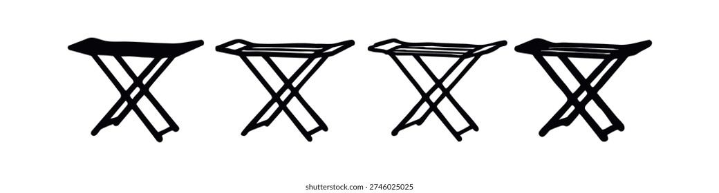Set of portable folding camping stools in black and white vector icons