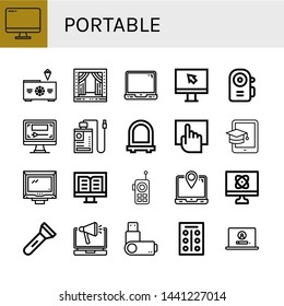 Set of portable icons such as Computer, Freezer, Stage, Laptop, Screen, Flashlight, Power bank, Mirror, Touchscreen, Tablet, Monitor, Walkie talkie, Usb flash drive , portable