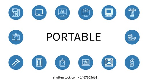 Set of portable icons such as Mp player, Laptop, Screen, Monitor, Stun gun, Flashlight, Tablets, Tablet, Stage, Walkie talkie, Coffee cup , portable