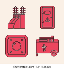 Set Portable power electric generator, Nuclear power plant, Electrical cabinet and Electric light switch icon. Vector