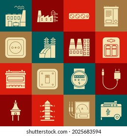 Set Portable power electric generator, Charger, Battery in pack, Electric extension cord, Nuclear plant, Electrical outlet, Coal and factory and Power station icon. Vector