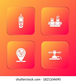 Set Portable sensor, Conveyor belt with box, Chicken farm and location and Automatic irrigation sprinklers icon. Vector.