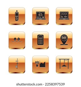 Set Portable sensor, Standalone, Flower statistics, Remote control, Plant, Genetic engineering modification, Automatic irrigation sprinklers and Laptop application for smart farm icon. Vector