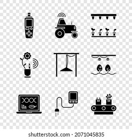 Set Portable sensor, Wireless tractor on smart farm, Automatic irrigation sprinklers, Genetic engineering modification, Sensor, Conveyor belt with box, Smart farming technology and  icon. Vector