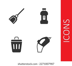 Set Portable vacuum cleaner, Dustpan, Trash can and Bottle for detergent icon. Vector
