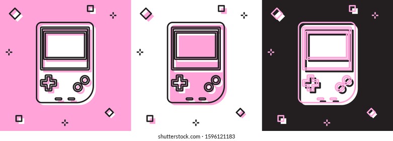 Set Portable video game console icon isolated on pink and white, black background. Gamepad sign. Gaming concept.  Vector Illustration