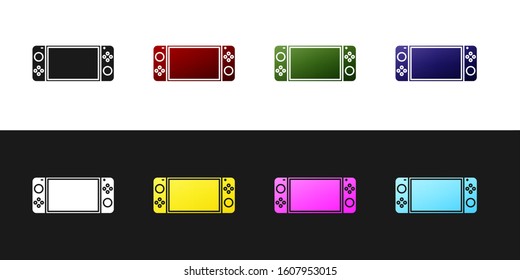 Set Portable video game console icon isolated on black and white background. Gamepad sign. Gaming concept.  Vector Illustration