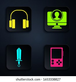 Set Portable video game console, Headphones, Sword for game and Create account screen. Black square button. Vector