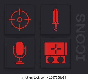 Set Portable video game console, Target sport, Sword for game and Microphone icon. Vector