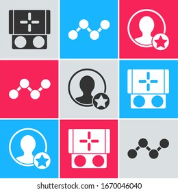 Legen Sie die Spielkonsole für tragbare Videospiele fest, erstellen Sie mit Share und Premium ein Account-Bildschirmsymbol. Vektorillustration