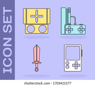 Set Portable video game console, Portable video game console, Sword for game and Game console with joystick icon. Vector