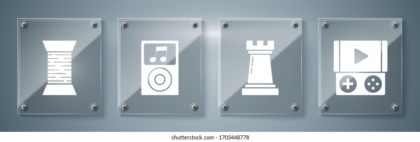 Set Portable video game console, Chess symbol, Music player and Sewing thread on spool. Square glass panels. Vector