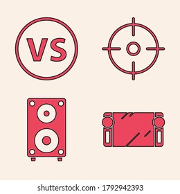 Establecer consola de videojuegos portátil, batalla contra VS, deporte de destino e icono de altavoz estéreo. Vector