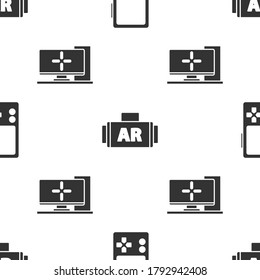 Legen Sie tragbare Videospielkonsole, Ar, erweiterte Realität und Computer-Monitor auf nahtloses Muster fest. Vektorgrafik