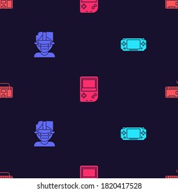 Configure la consola de videojuegos portátil, las gafas de realidad virtual y el teclado de computadora en un patrón impecable. Vector.