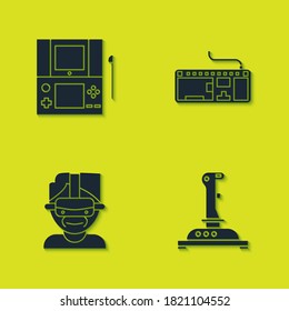 Set Portable video game console, Joystick for arcade machine, Virtual reality glasses and Computer keyboard icon. Vector.