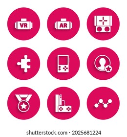 Set Portable video game console, Game with joystick, Share, Premium create account screen, Medal, Piece of puzzle,  and Virtual reality glasses icon. Vector