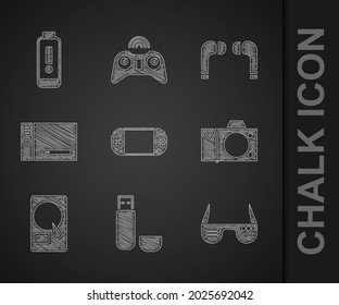 Set Portable video game console, USB flash drive, Smart glasses, Photo camera, Hard disk HDD, Graphic tablet, Air headphones and Battery charge level indicator icon. Vector