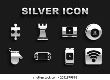 Set Portable video game console, Billiard pool snooker ball, Wi-Fi wireless internet network, Online play, Oven glove, Piece of puzzle and Business strategy icon. Vector