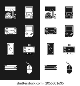 Set Portable video game console, Mobile and playing in, Racing simulator cockpit, Retro arcade machine, Playing card with diamonds, Live streaming online, Computer mouse and Video icon. Vector