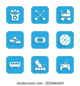Set Portable video game console, Roller skate, Gamepad, Basketball ball, Bus toy, Toy building block bricks, Baby stroller and Jack the box icon. Vector