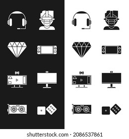 Establece consola de videojuegos portátil, Diamante, auriculares, Gafas de realidad virtual, streaming en vivo en línea, monitor de ordenador, dados de juego e icono de tarjeta gráfica de vídeo. Vector