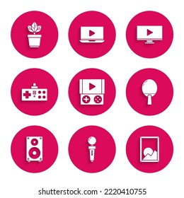 Set Portable video game console, Joystick for arcade machine, Picture landscape, Racket playing tennis, Stereo speaker, Gamepad, Online and Flowers pot icon. Vector