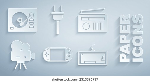 Set Portable video game console, Radio with antenna, Retro cinema camera, Keyboard, Electric plug and Vinyl player icon. Vector