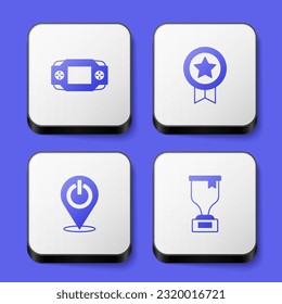 Set Portable video game console, Game rating with medal, Power button and Award cup icon. White square button. Vector