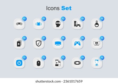 Set Portable video game console, Sword for, Power button, Award cup, Computer monitor, Game controller joystick and  icon. Vector