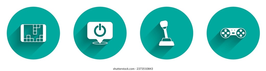 Set Portable video game console, Power button, Gear shifter and Game controller joystick icon with long shadow. Vector