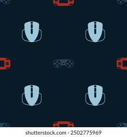 Set Portable video game console, Game controller joystick and Computer mouse on seamless pattern. Vector