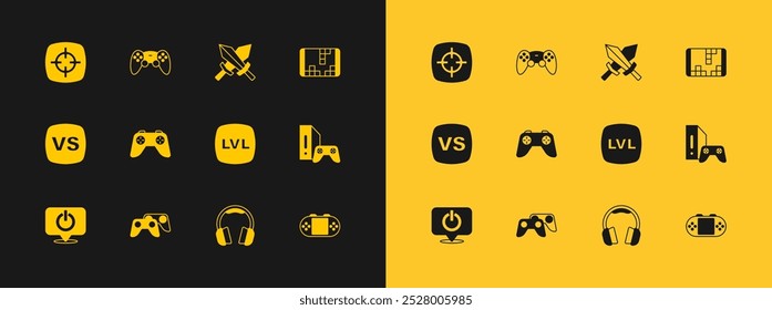 Video Consola de juego portátil, joystick del regulador del juego, nivel, auriculares, espada para el objetivo, deporte e icono. Vector