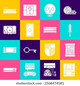 Set Portable video game console, Game guide, Sword for, Skull, Playing card with diamonds, Video,  and  icon. Vector